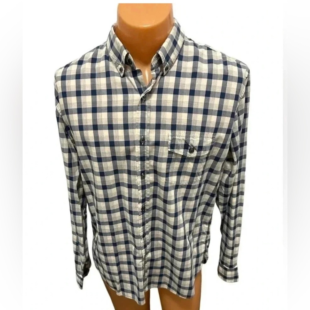 Vintage J. Crew Shirt Mens Large Blue White Check Plaid 2 Ply Cotton Button Down